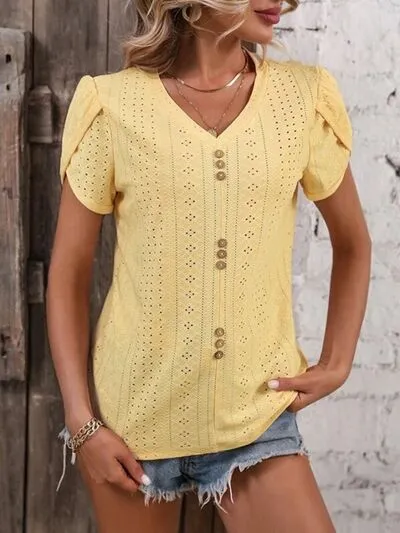 Eyelet V-Neck Petal Sleeve T-Shirt