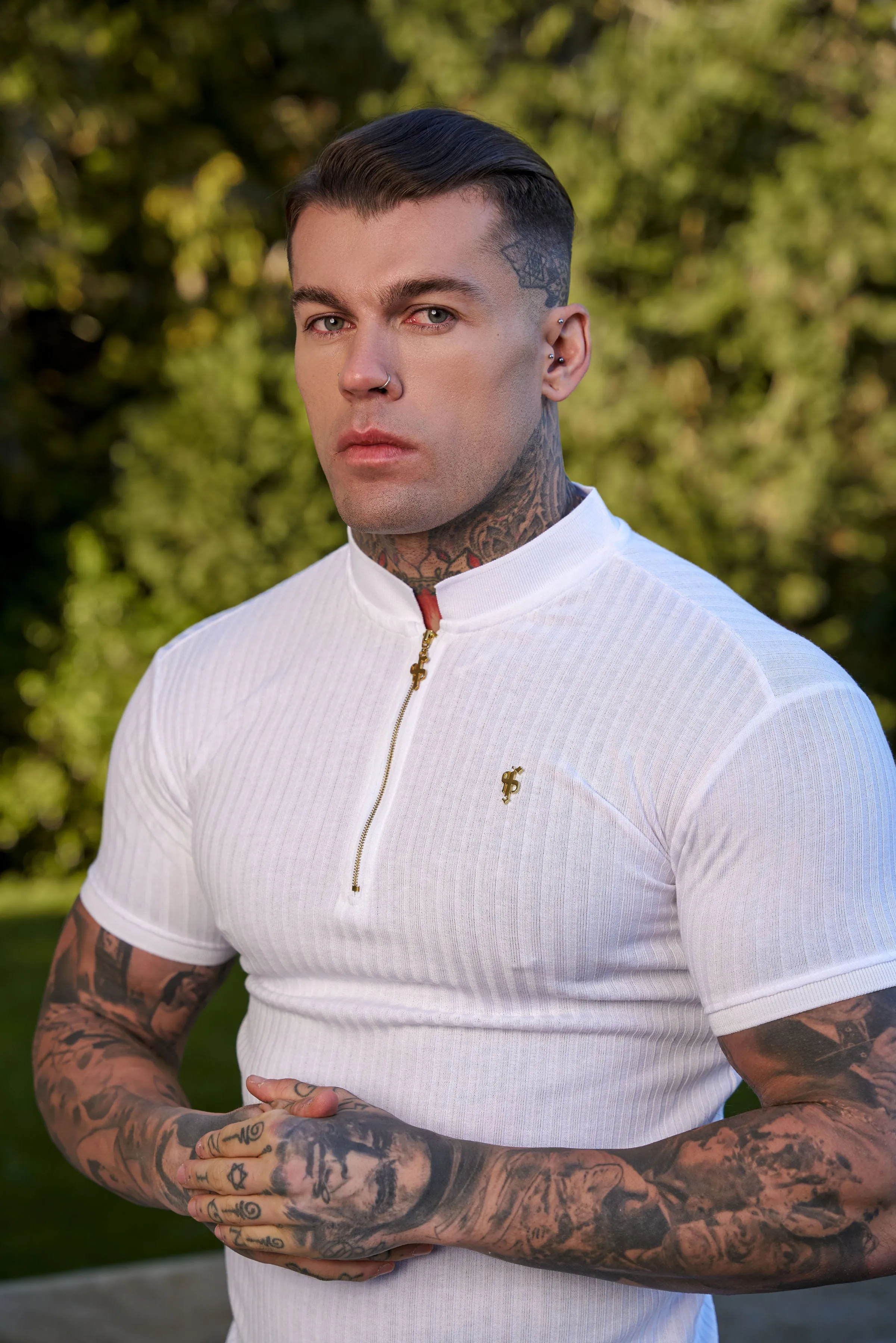 Father Sons Classic White / White Ribbed Gold Zip Grandad Collar Shirt Short Sleeve - FSH915