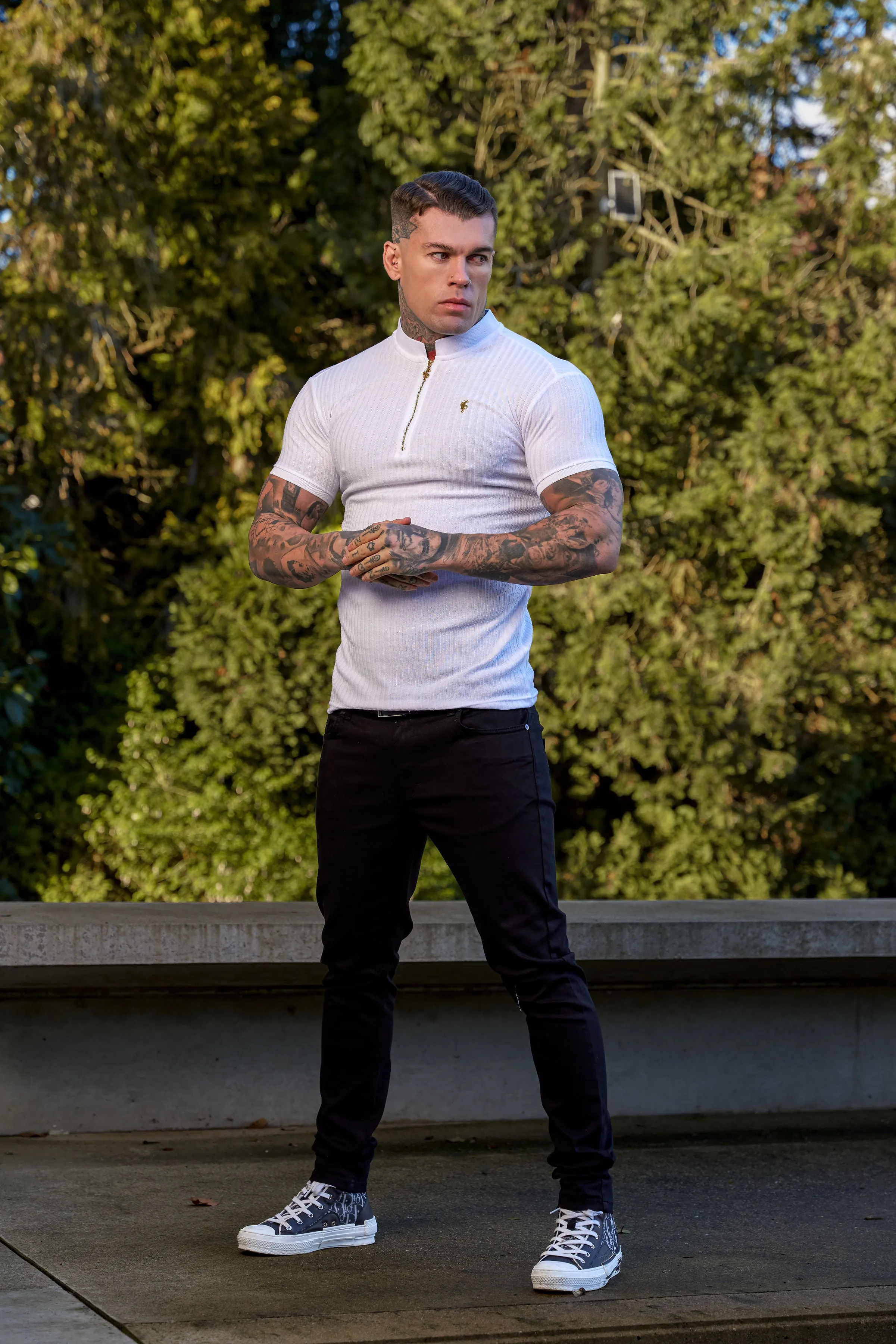 Father Sons Classic White / White Ribbed Gold Zip Grandad Collar Shirt Short Sleeve - FSH915