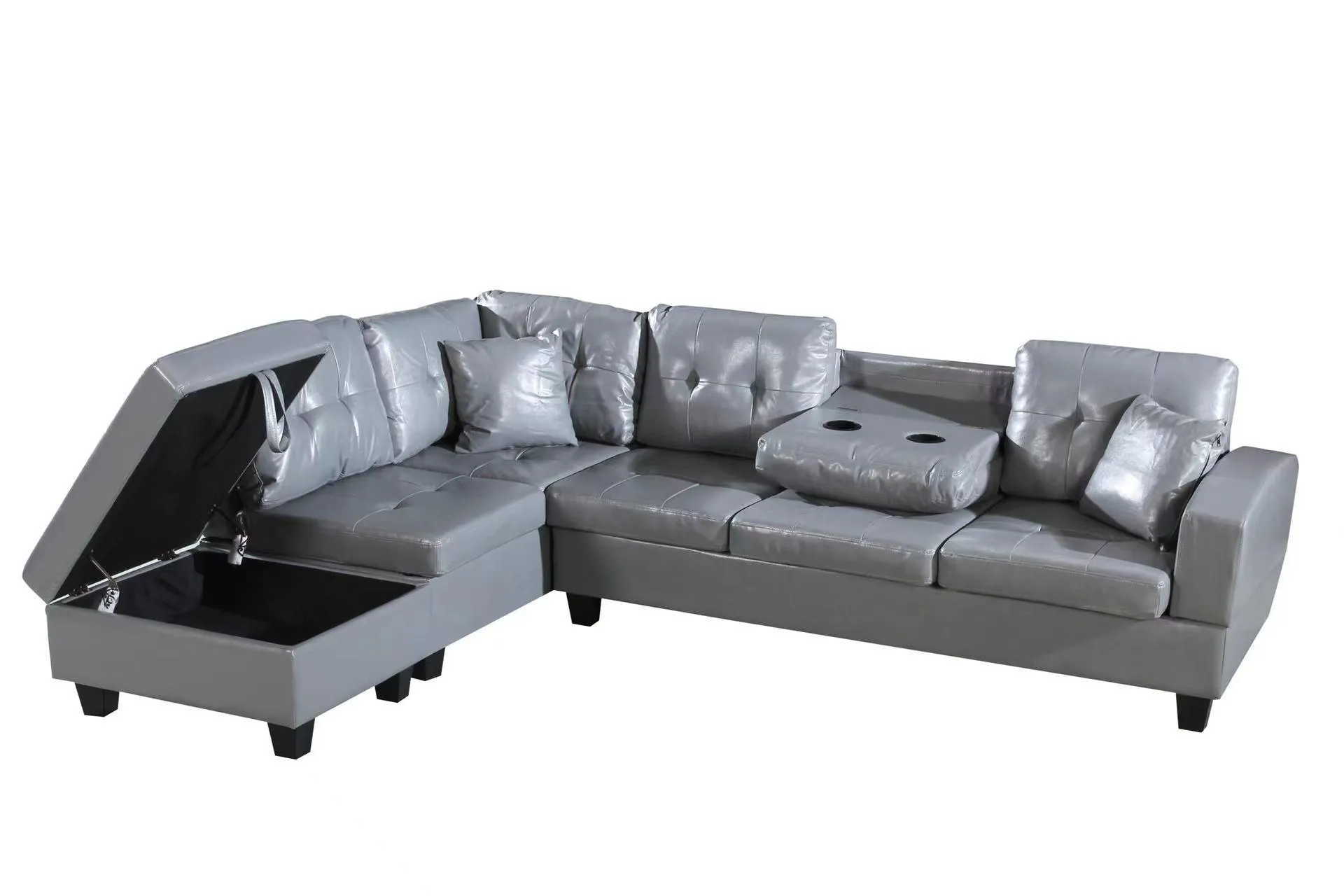 Faux Leather Left Chaise Living Room Sofa Set with Storage Ottoman