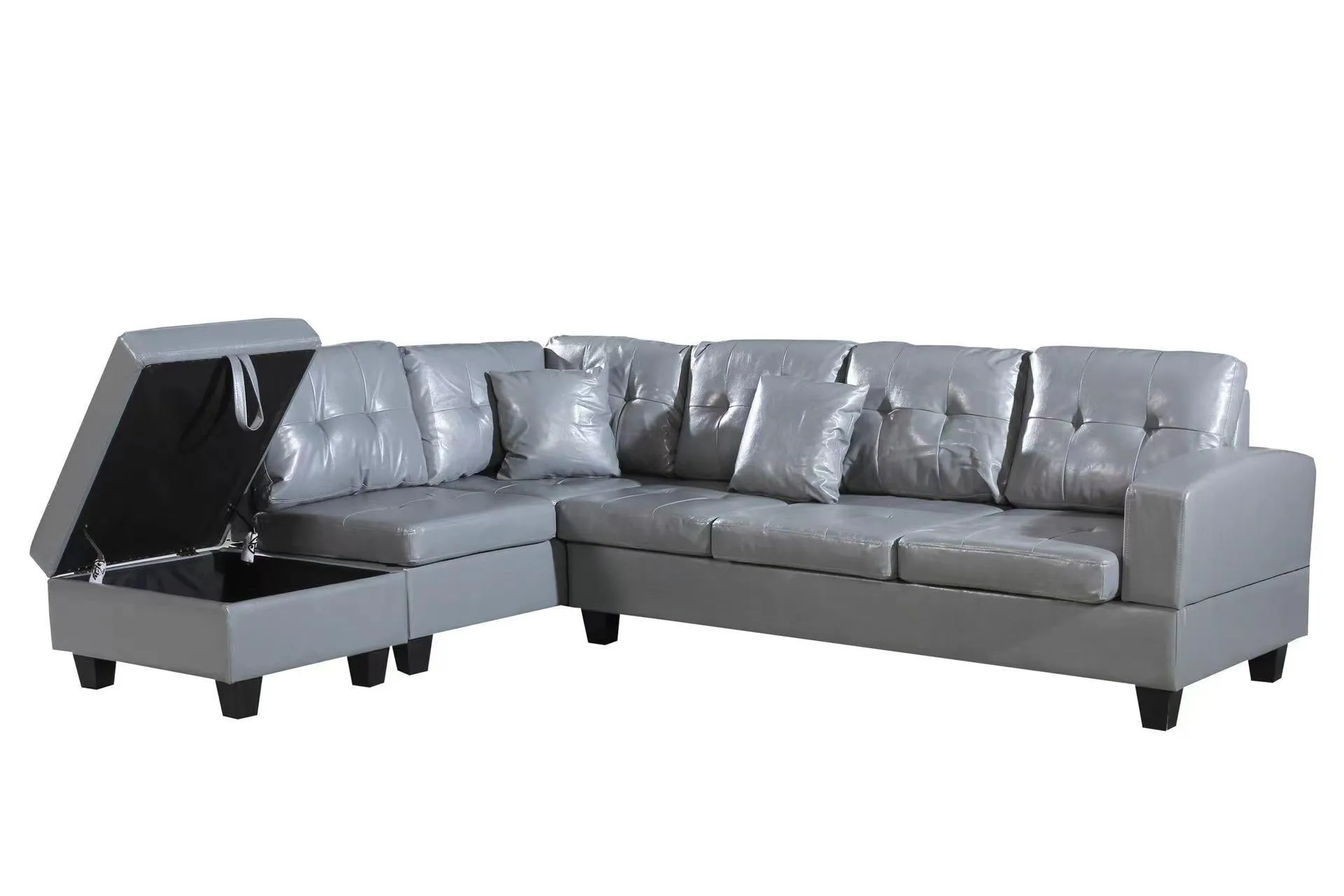 Faux Leather Left Chaise Living Room Sofa Set with Storage Ottoman