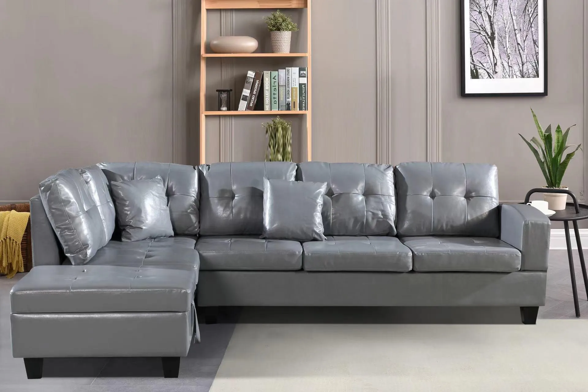 Faux Leather Left Chaise Living Room Sofa Set with Storage Ottoman