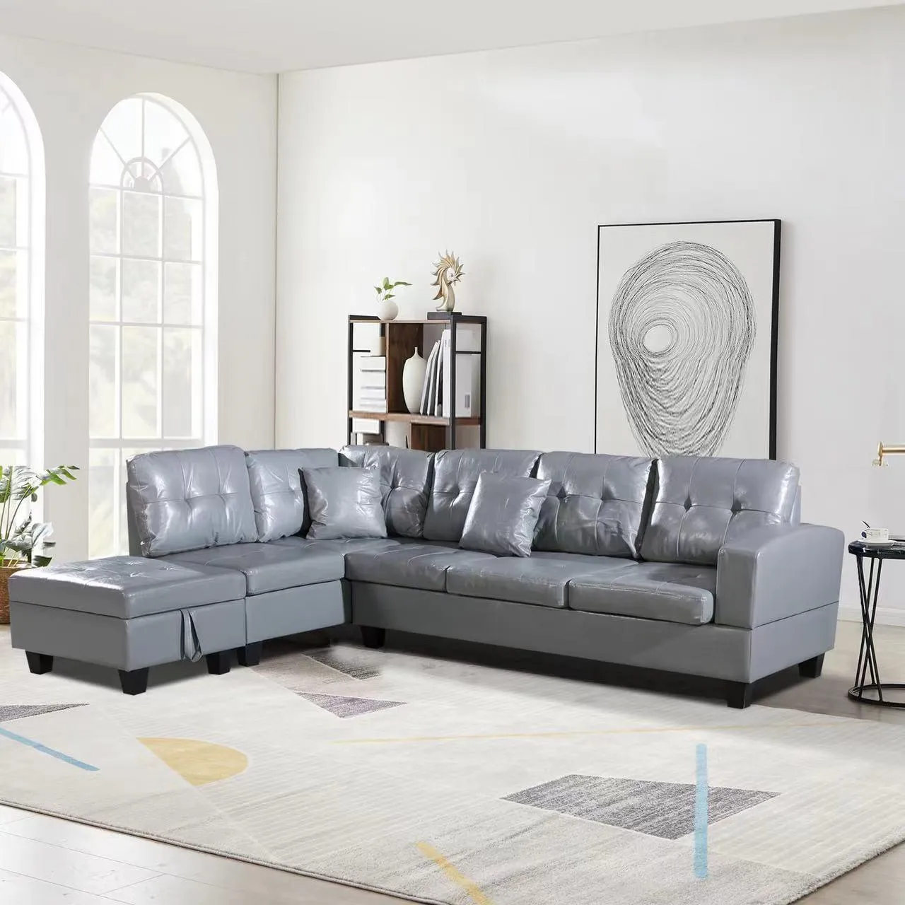 Faux Leather Left Chaise Living Room Sofa Set with Storage Ottoman