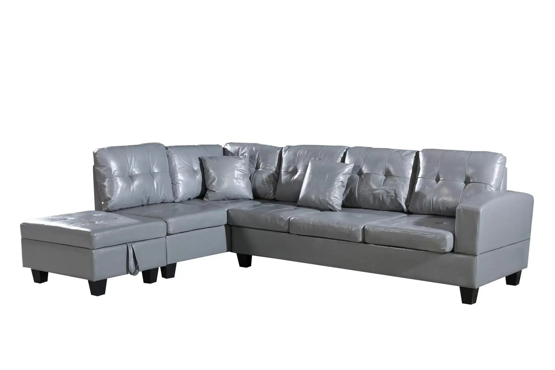 Faux Leather Left Chaise Living Room Sofa Set with Storage Ottoman