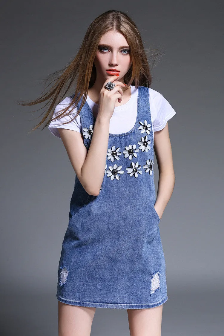 Flower Design T-Shirt Denim Dress