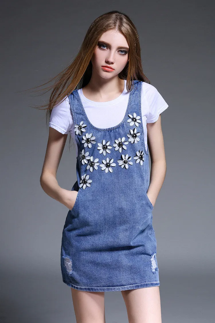 Flower Design T-Shirt Denim Dress