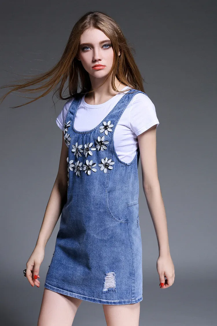 Flower Design T-Shirt Denim Dress