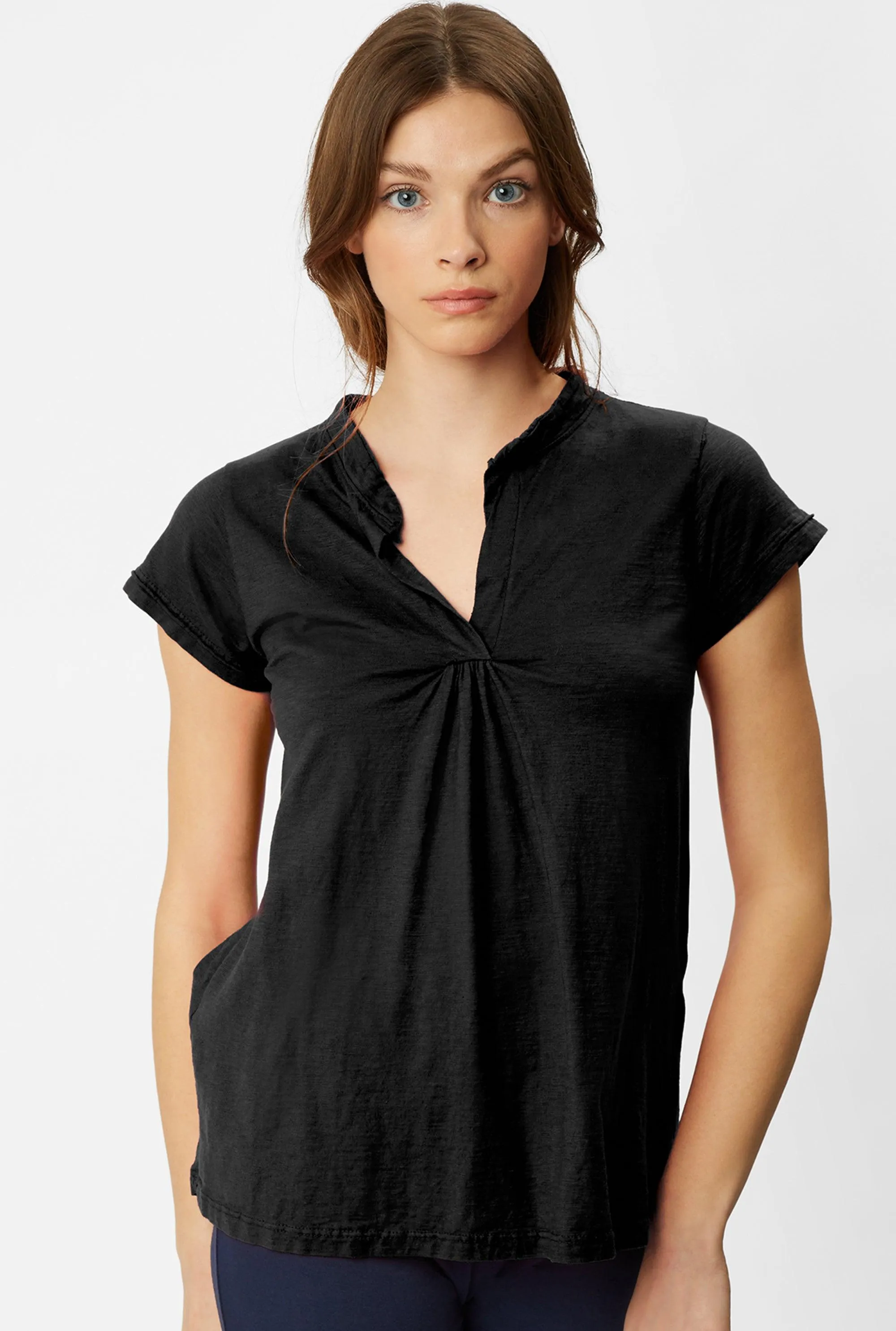 Gathered Mandarin Collar T-shirt