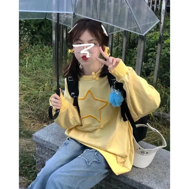 Getadme Harajuku Kawaii Star Graphic Sweatshirt Women Japanese Style Oversized Hoodies Vintage Loose Casual Y2K Tops Streetwear