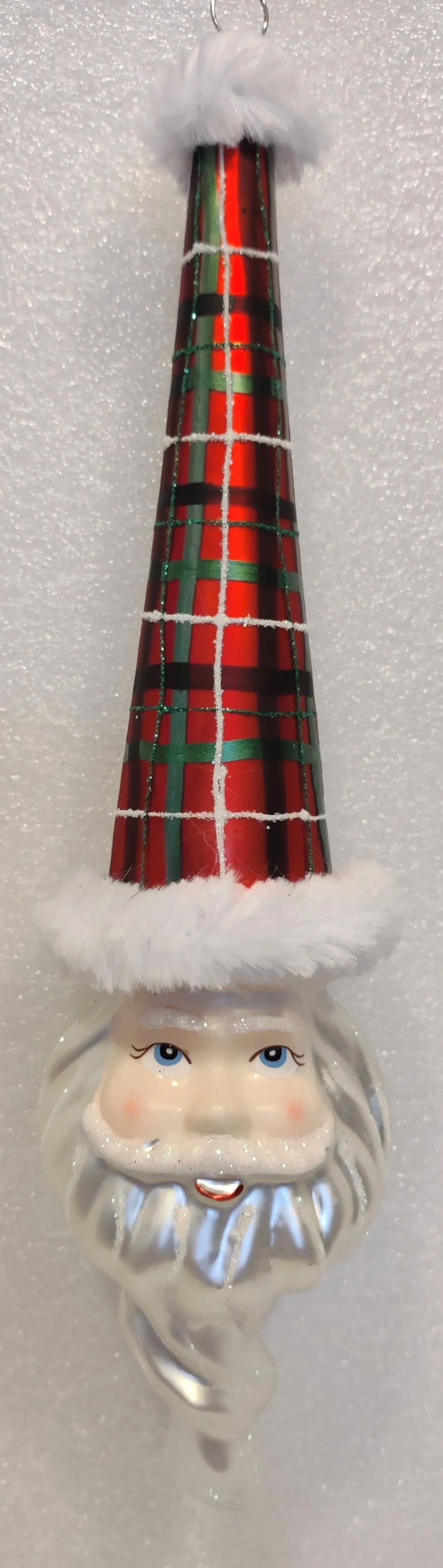 Glass Santa Head Ornament with Tall Red Plaid Hat 10"