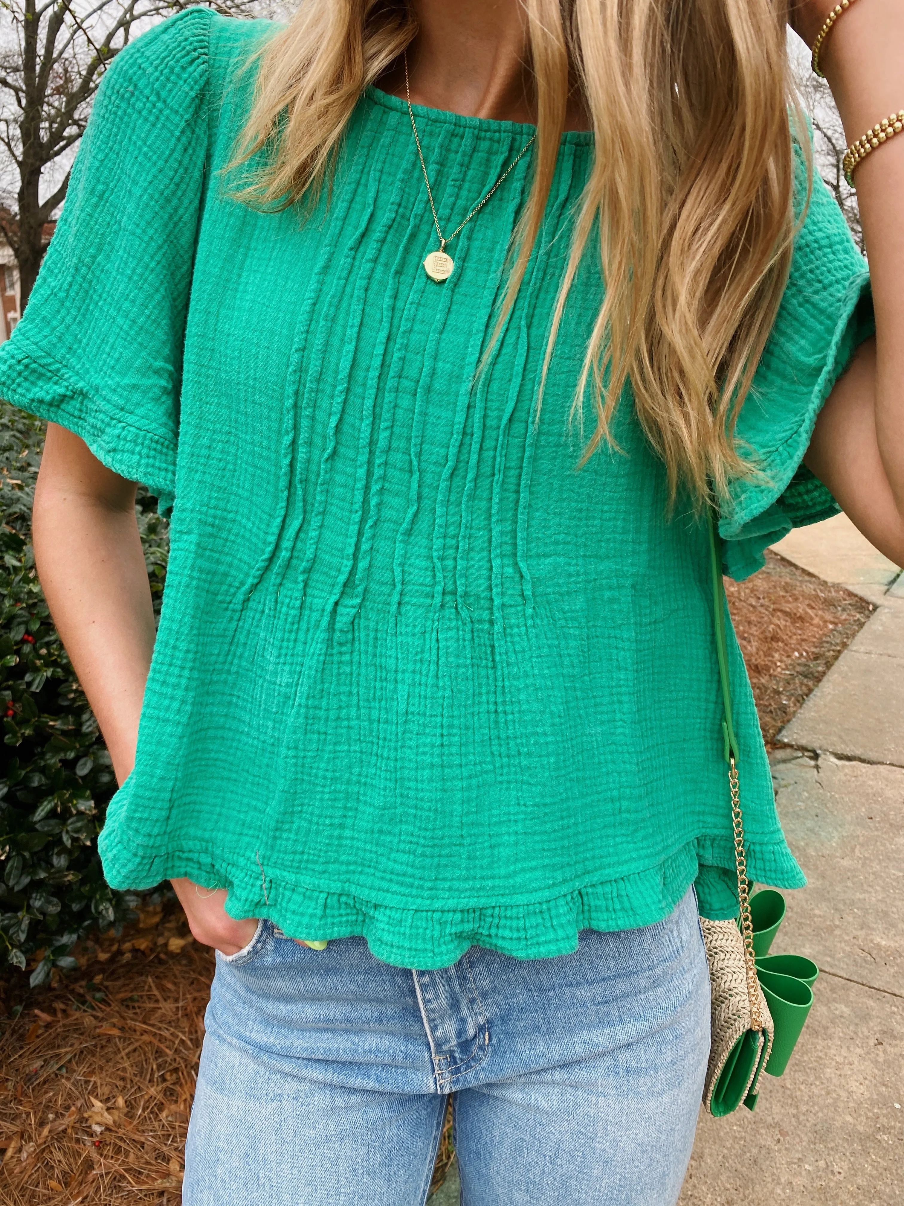 GREEN WASHED COTTON GAUZE PINTUCK TOP