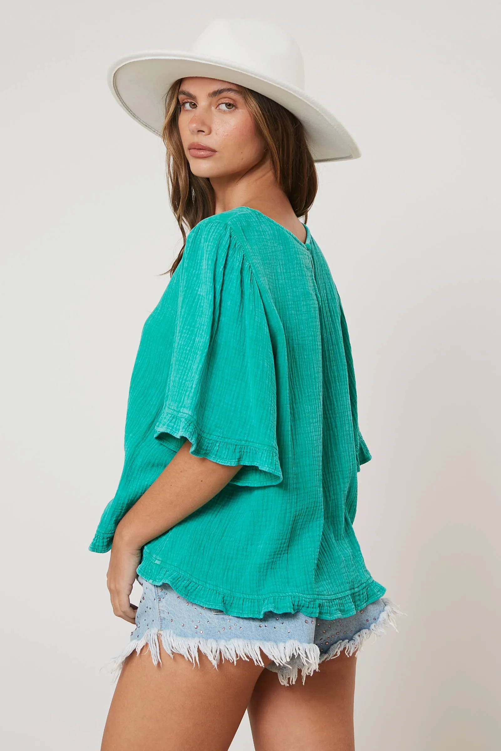 GREEN WASHED COTTON GAUZE PINTUCK TOP