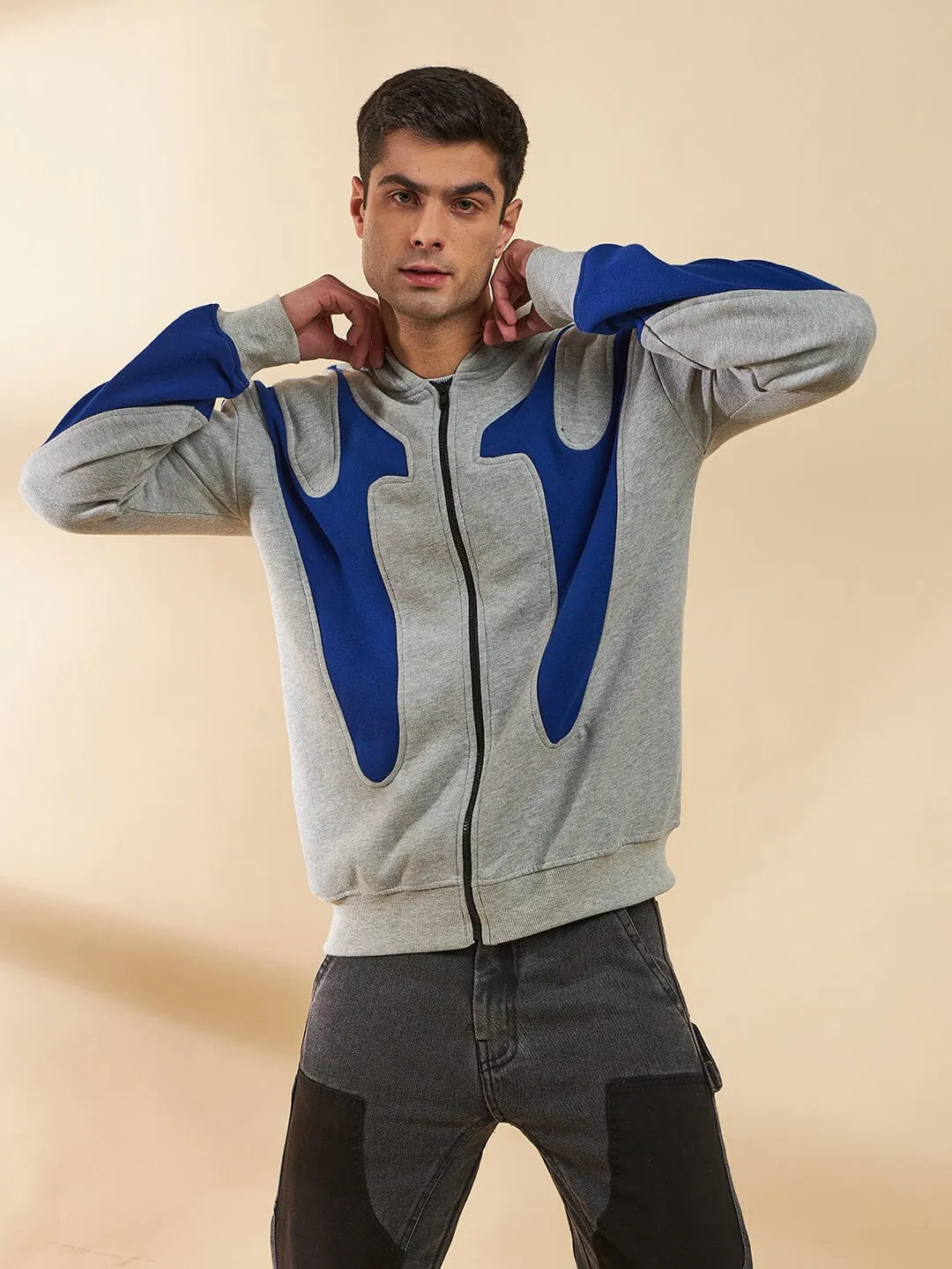 Grey & Royal Blue Cut Sew Zipped Hoodie