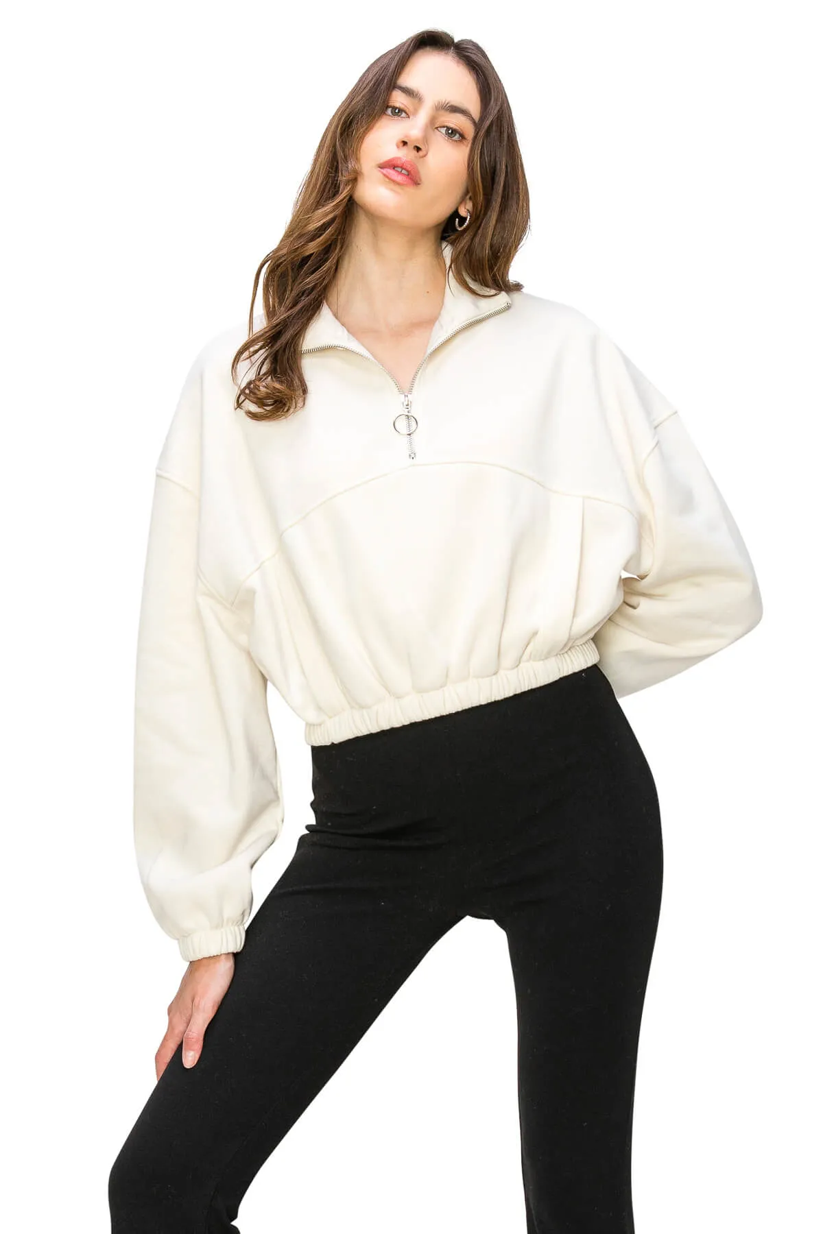 Half Zip Up Cropped Sweatshirts - Off White