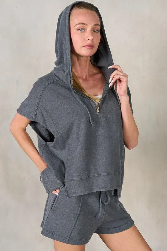 Half Zip-Up Short Sleeve Hoodie