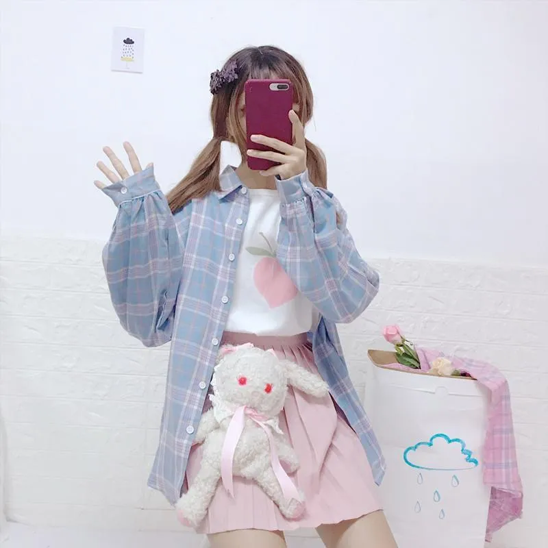 Harajuku Flare Sleeved Plaid Shirt