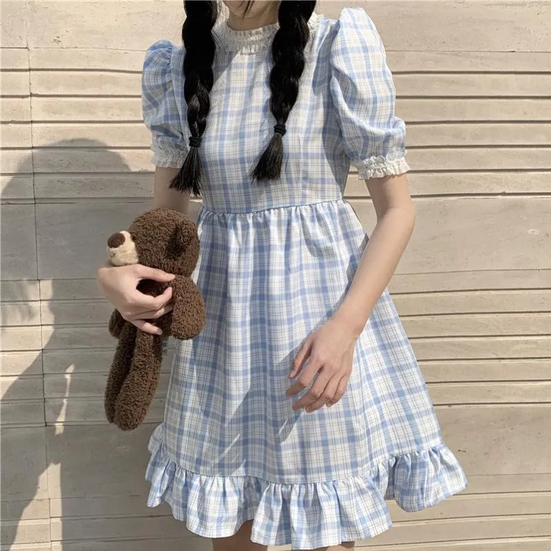 Harajuku Puff Sleeved Plaid Dress