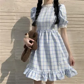 Harajuku Puff Sleeved Plaid Dress