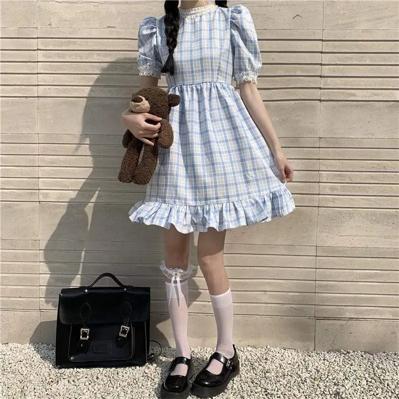 Harajuku Puff Sleeved Plaid Dress