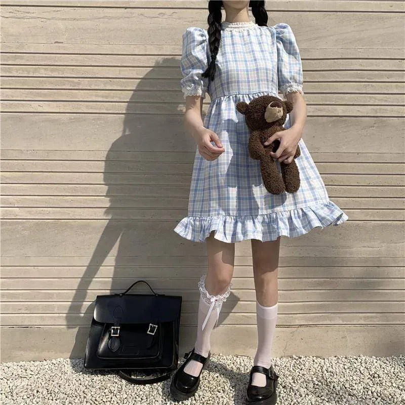 Harajuku Puff Sleeved Plaid Dress