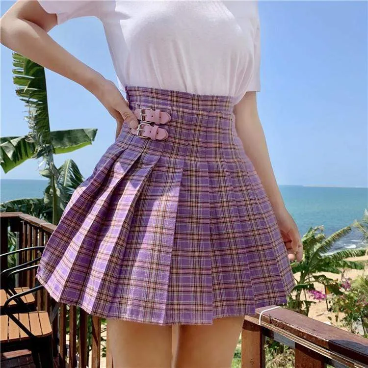 High-waisted  Plaid Pleated Skirt  With Two Buckle