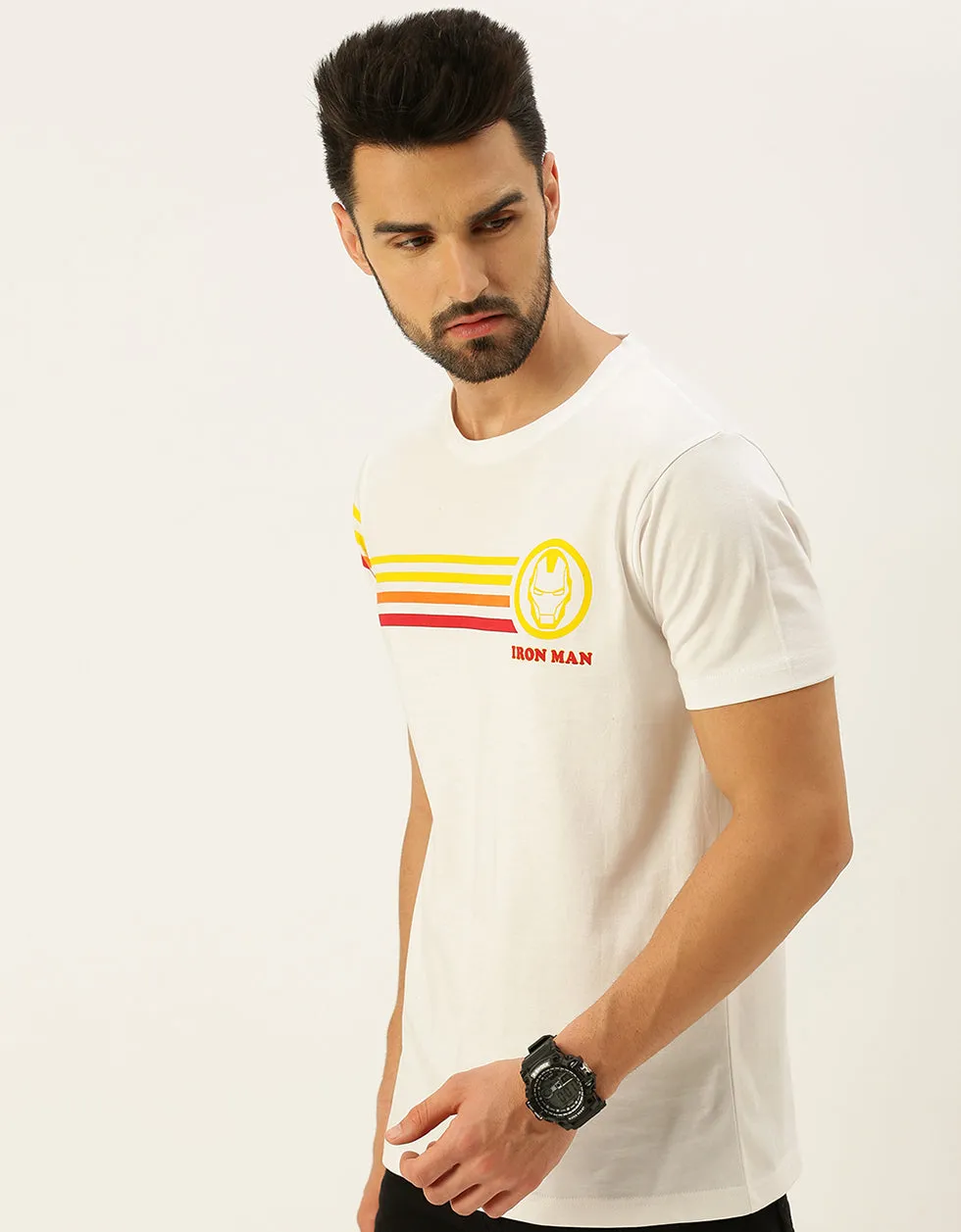 Iron Man White Regular Fit Chest Graphic Printed Tshirt