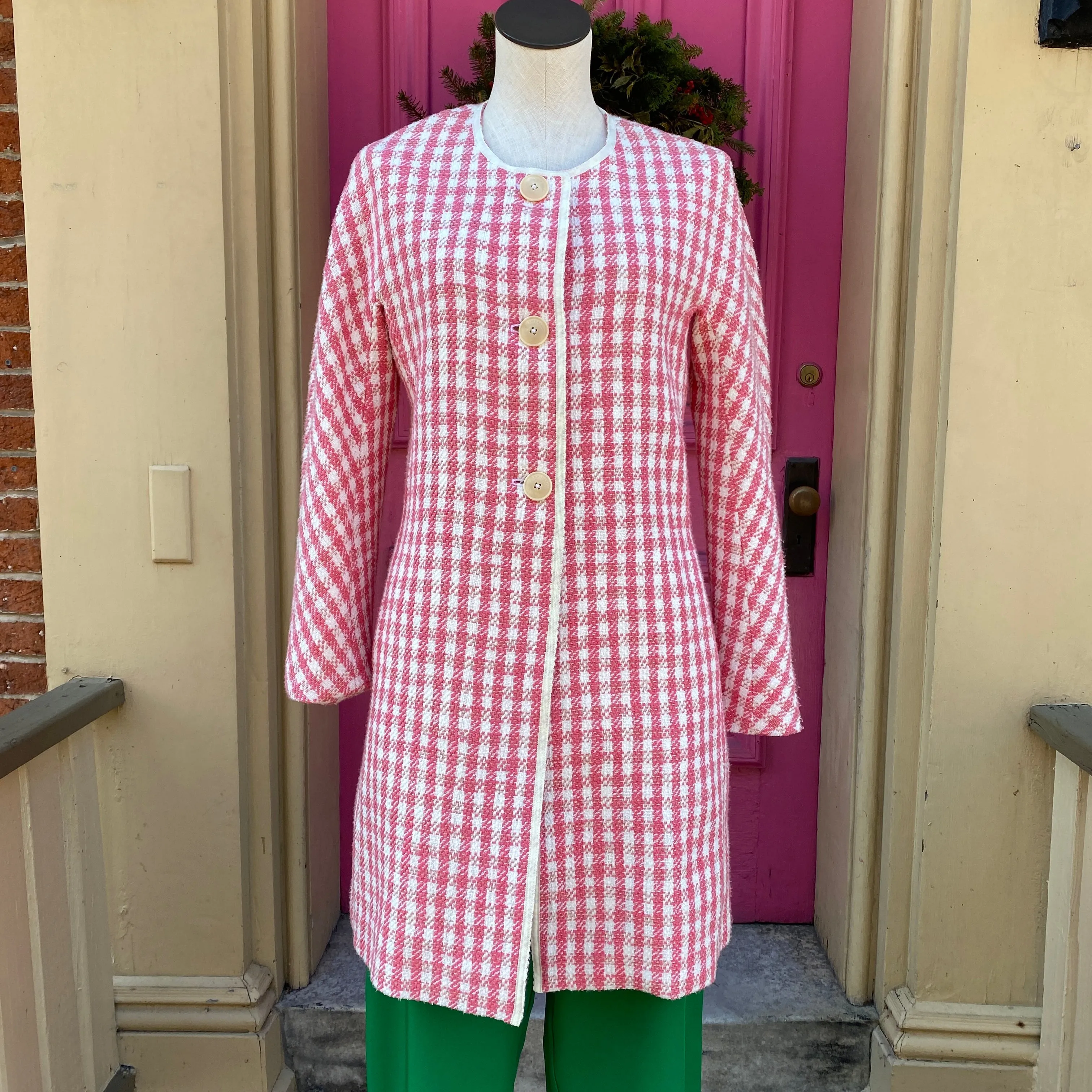 Kate Spade pink white plaid tweed jacket size S