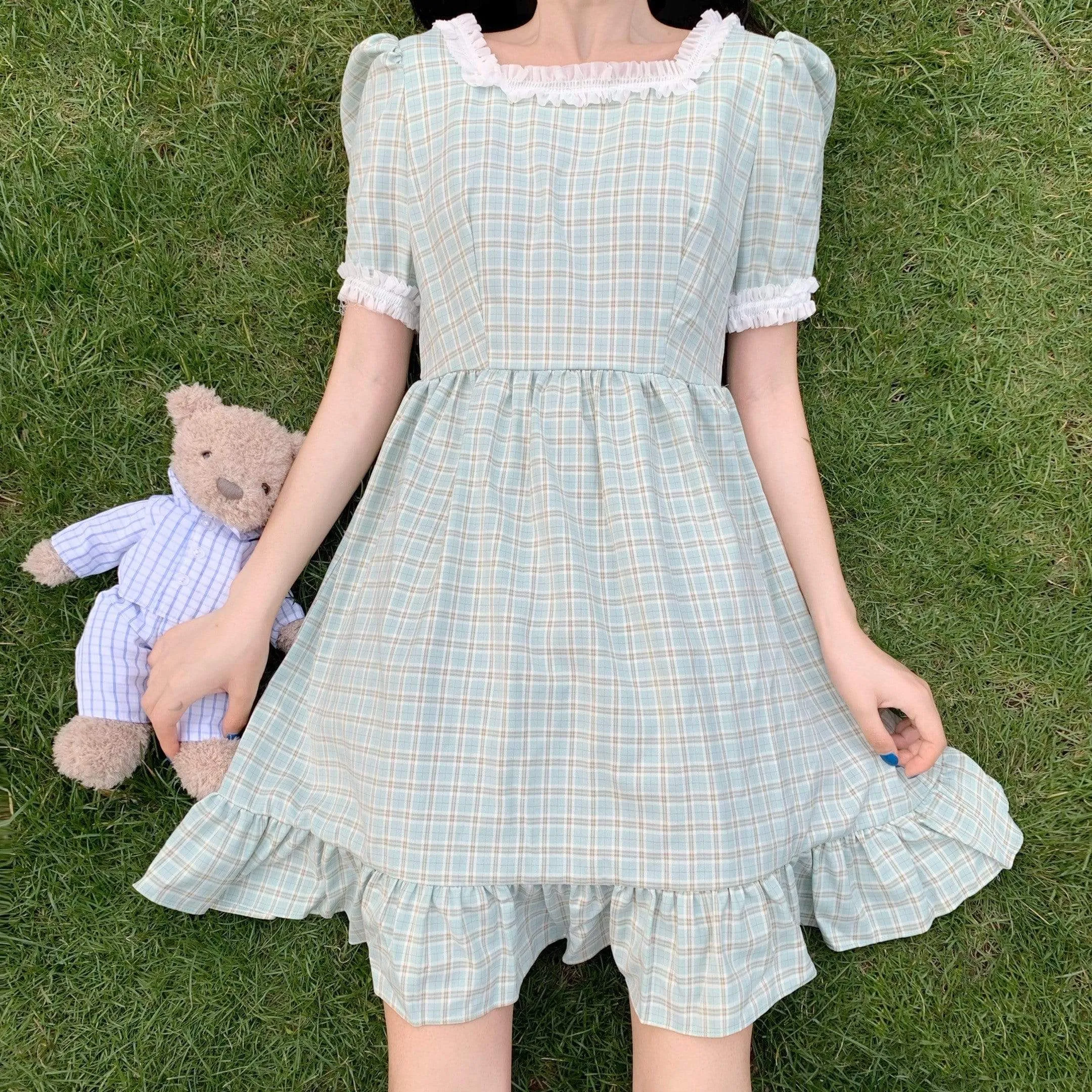 Kawaii Lace Ruffles Plaid Dress