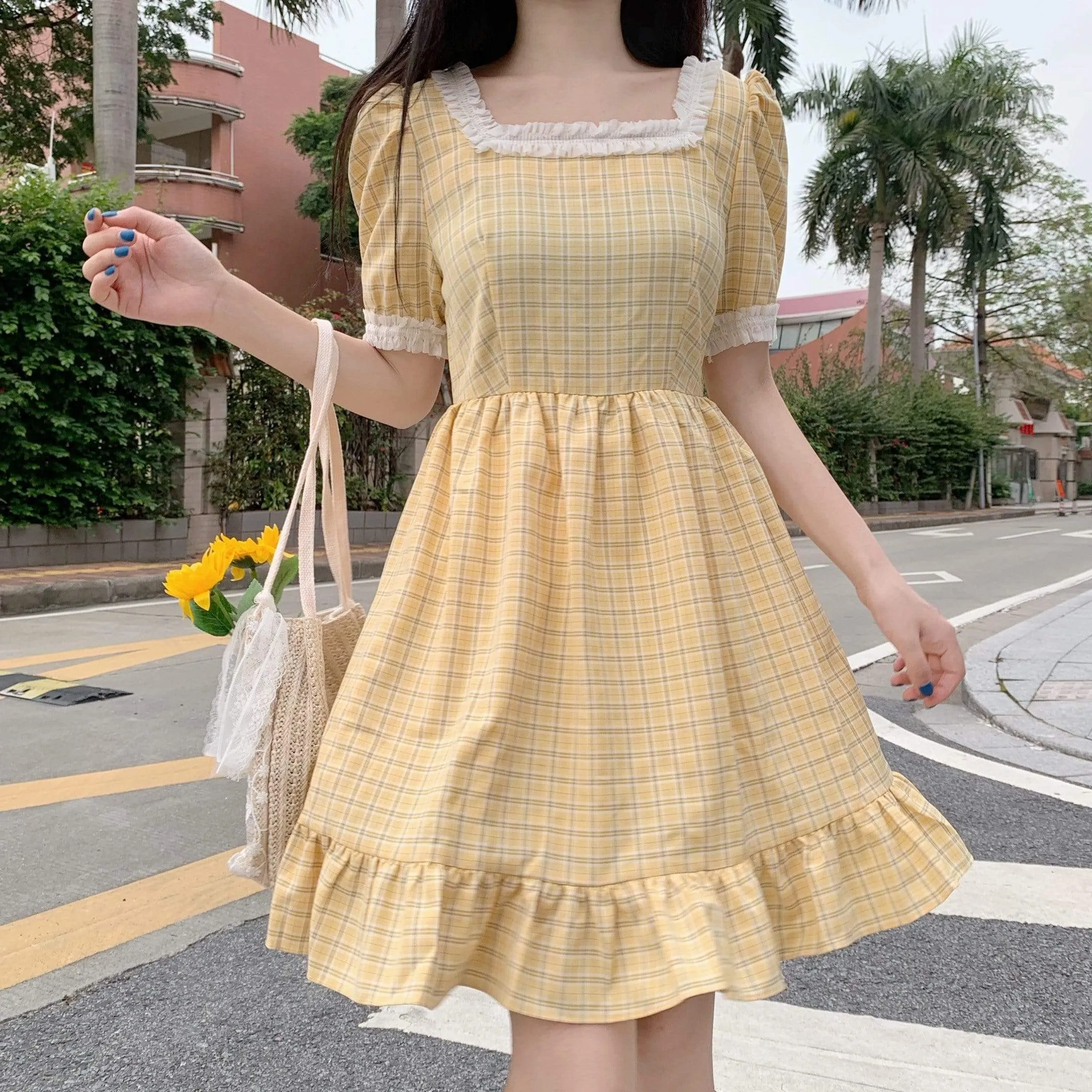 Kawaii Lace Ruffles Plaid Dress