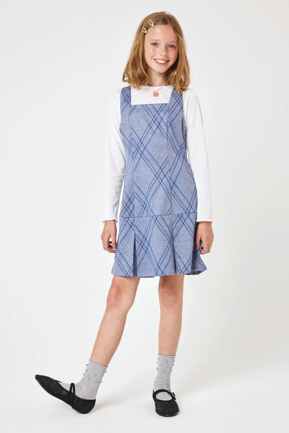 Kids Blue Plaid Knit Dress w LS Tee