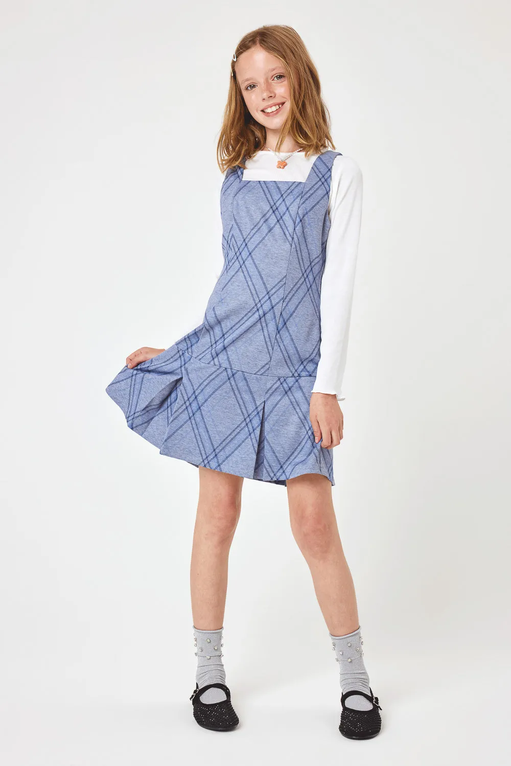 Kids Blue Plaid Knit Dress w LS Tee