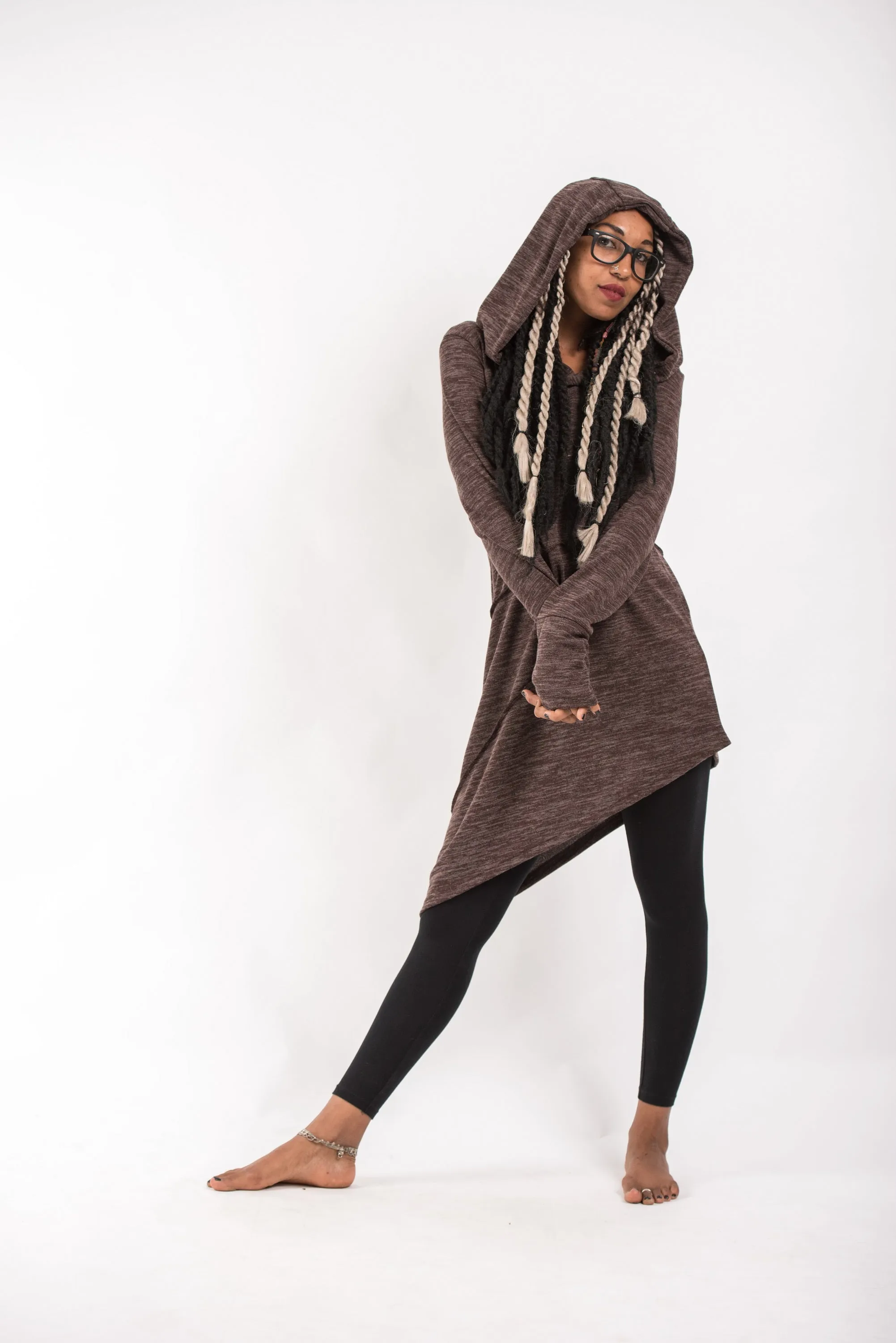 Light Hooded Diagonal Cut Sweater in Brown