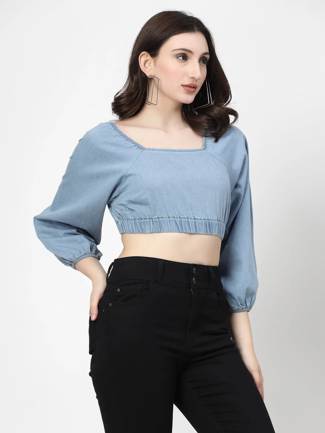 Light Indigo Denim Crop Top With Full Sleeves