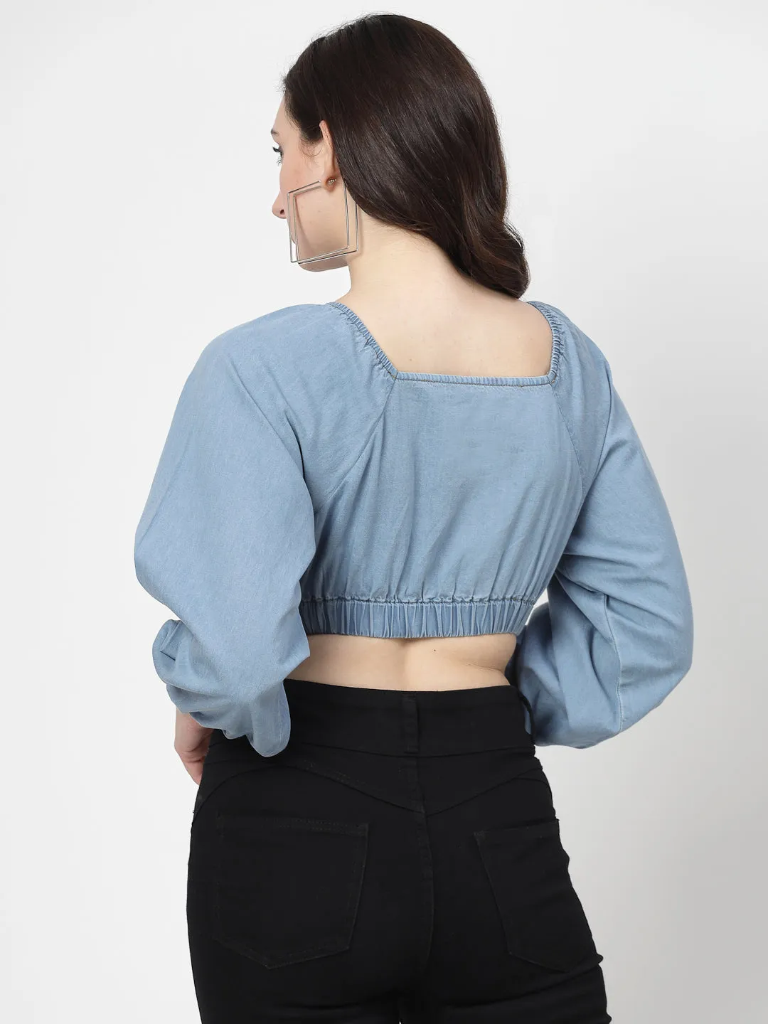 Light Indigo Denim Crop Top With Full Sleeves