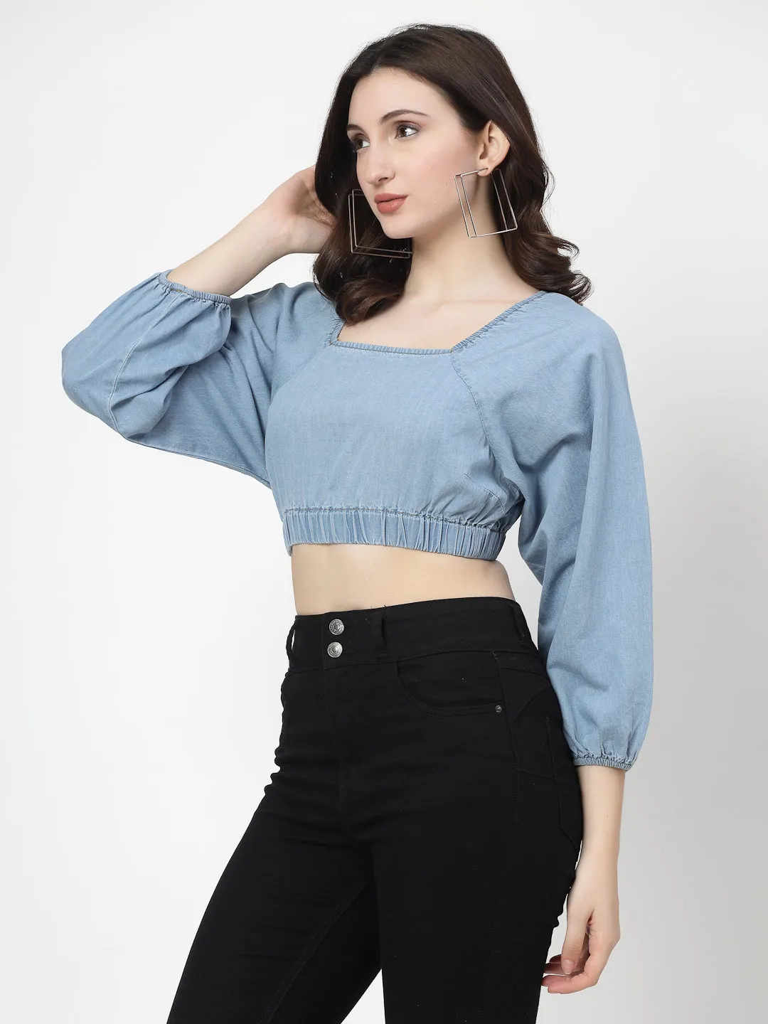 Light Indigo Denim Crop Top With Full Sleeves