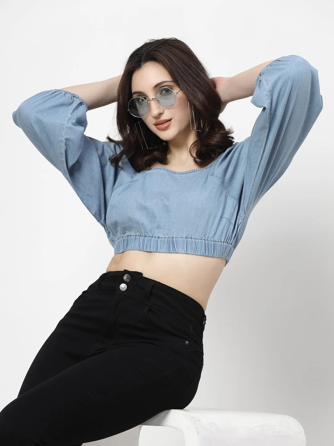 Light Indigo Denim Crop Top With Full Sleeves