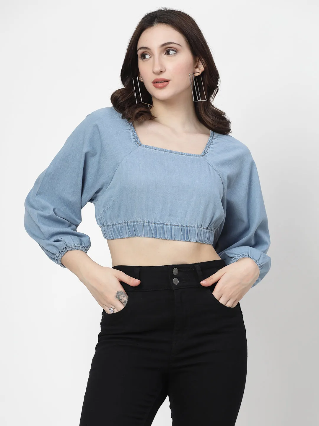 Light Indigo Denim Crop Top With Full Sleeves