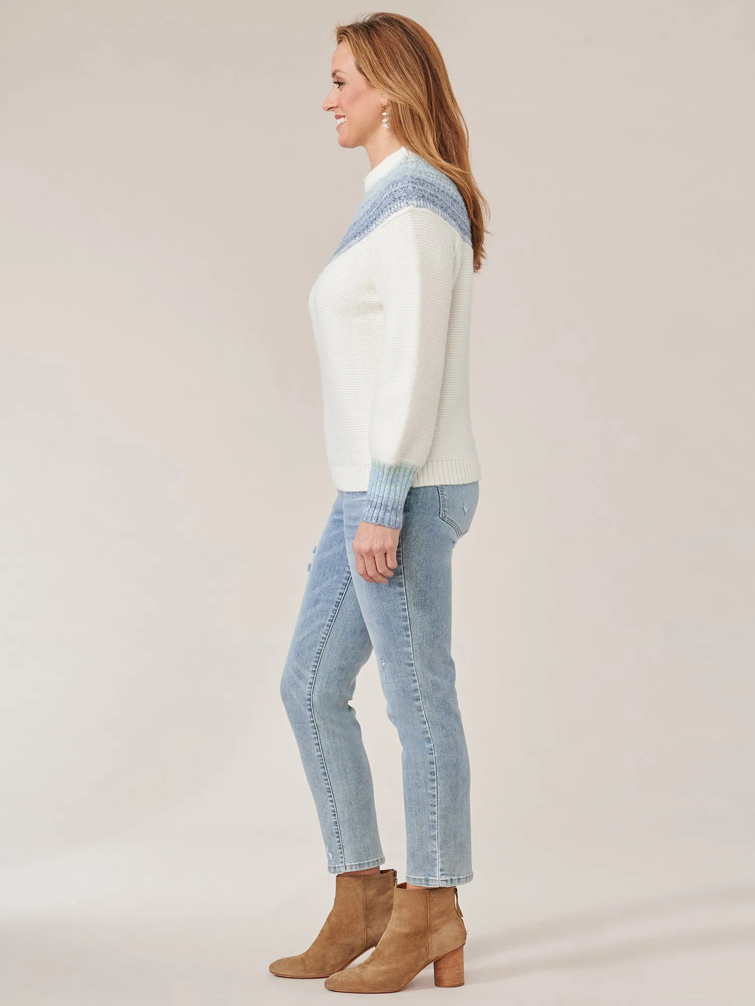 Long Banded Blouson Sleeve Ombre Placement Pointelle Stitch Sweater