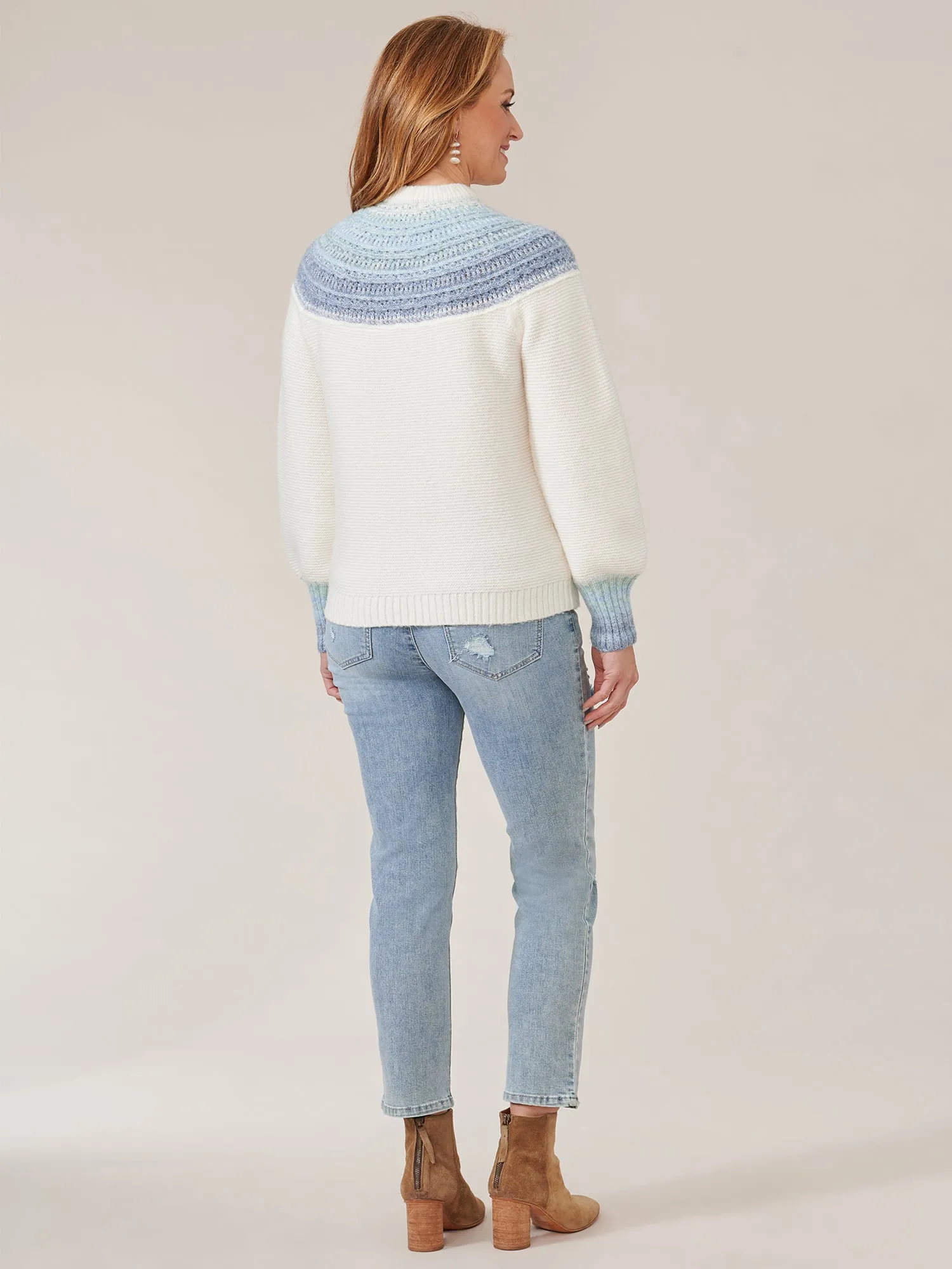 Long Banded Blouson Sleeve Ombre Placement Pointelle Stitch Sweater