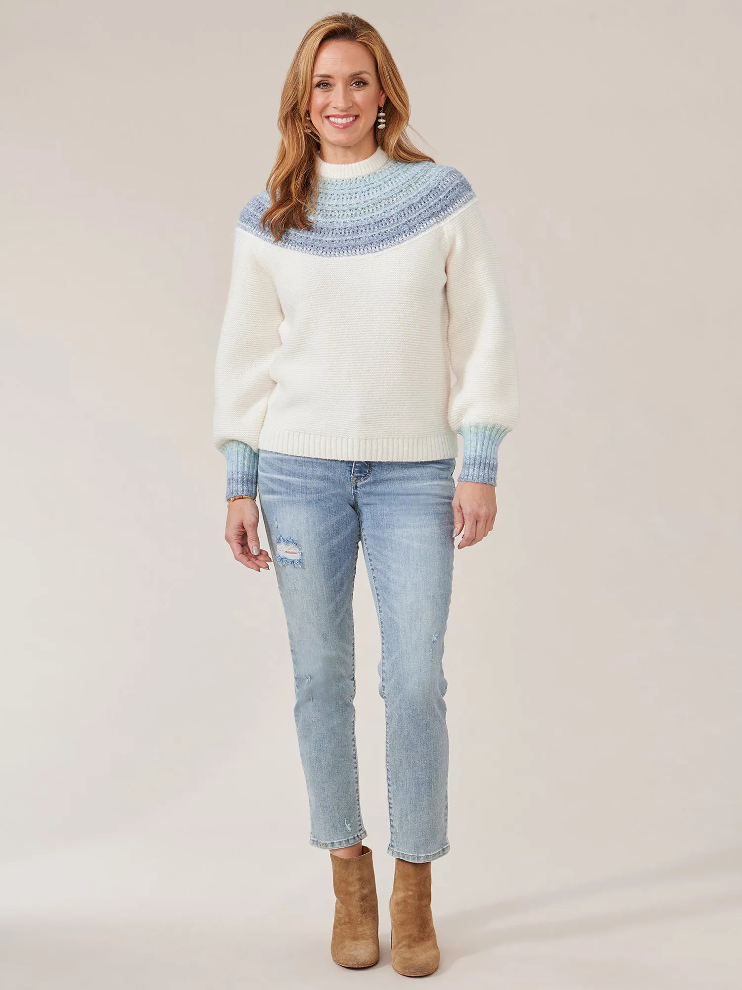 Long Banded Blouson Sleeve Ombre Placement Pointelle Stitch Sweater