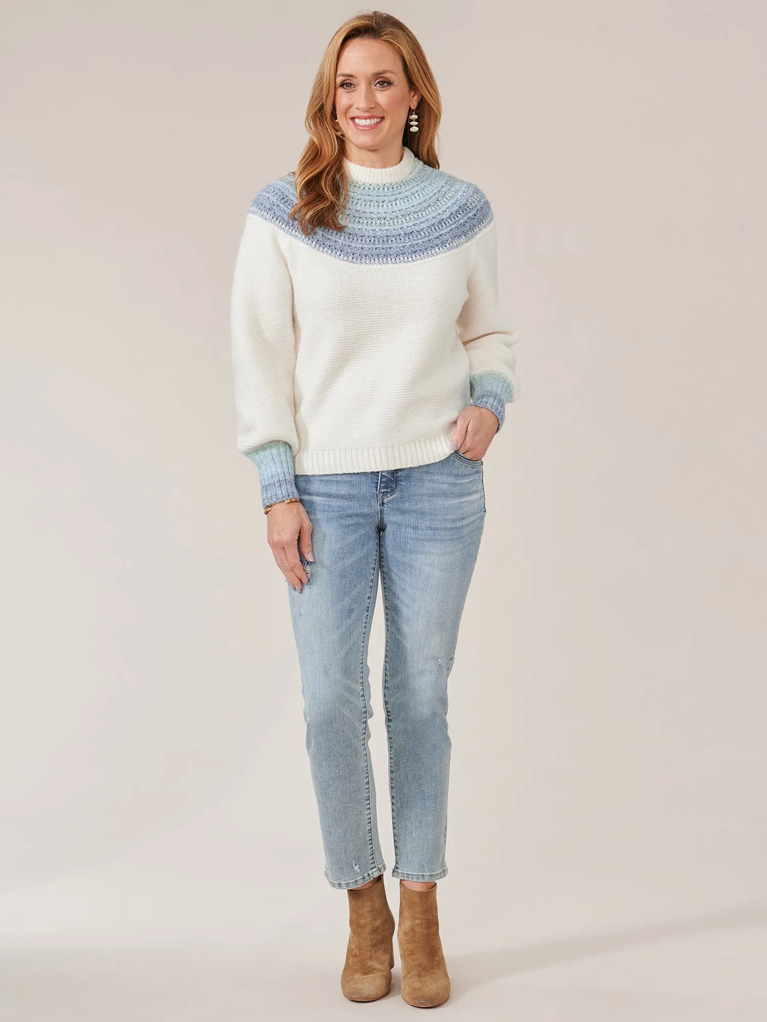 Long Banded Blouson Sleeve Ombre Placement Pointelle Stitch Sweater