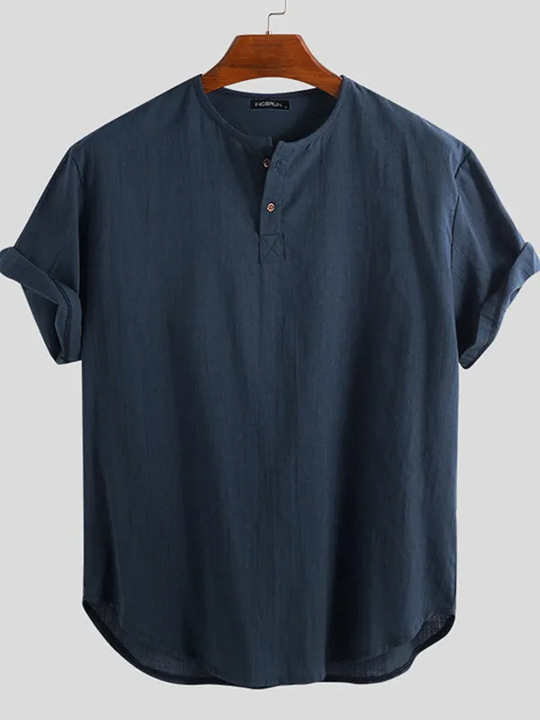 Men Linen Loose Casual Short Sleeve Solid T-Shirts SKUC21814