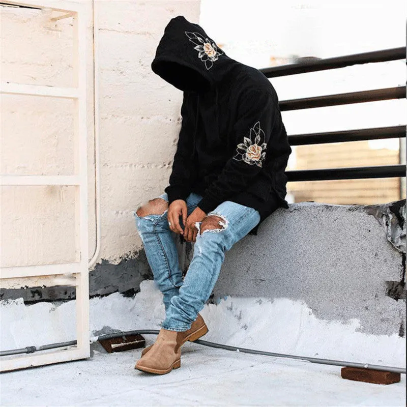 Men Printing Floral Hooded Pullover