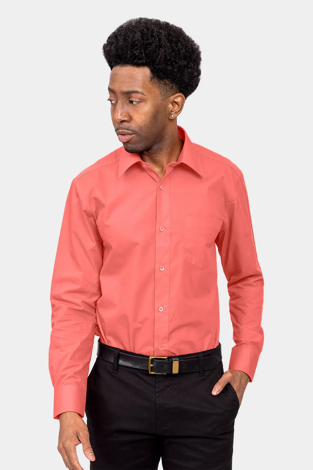 Men's Basic Solid Color Button Up Dress Shirt (Coral)