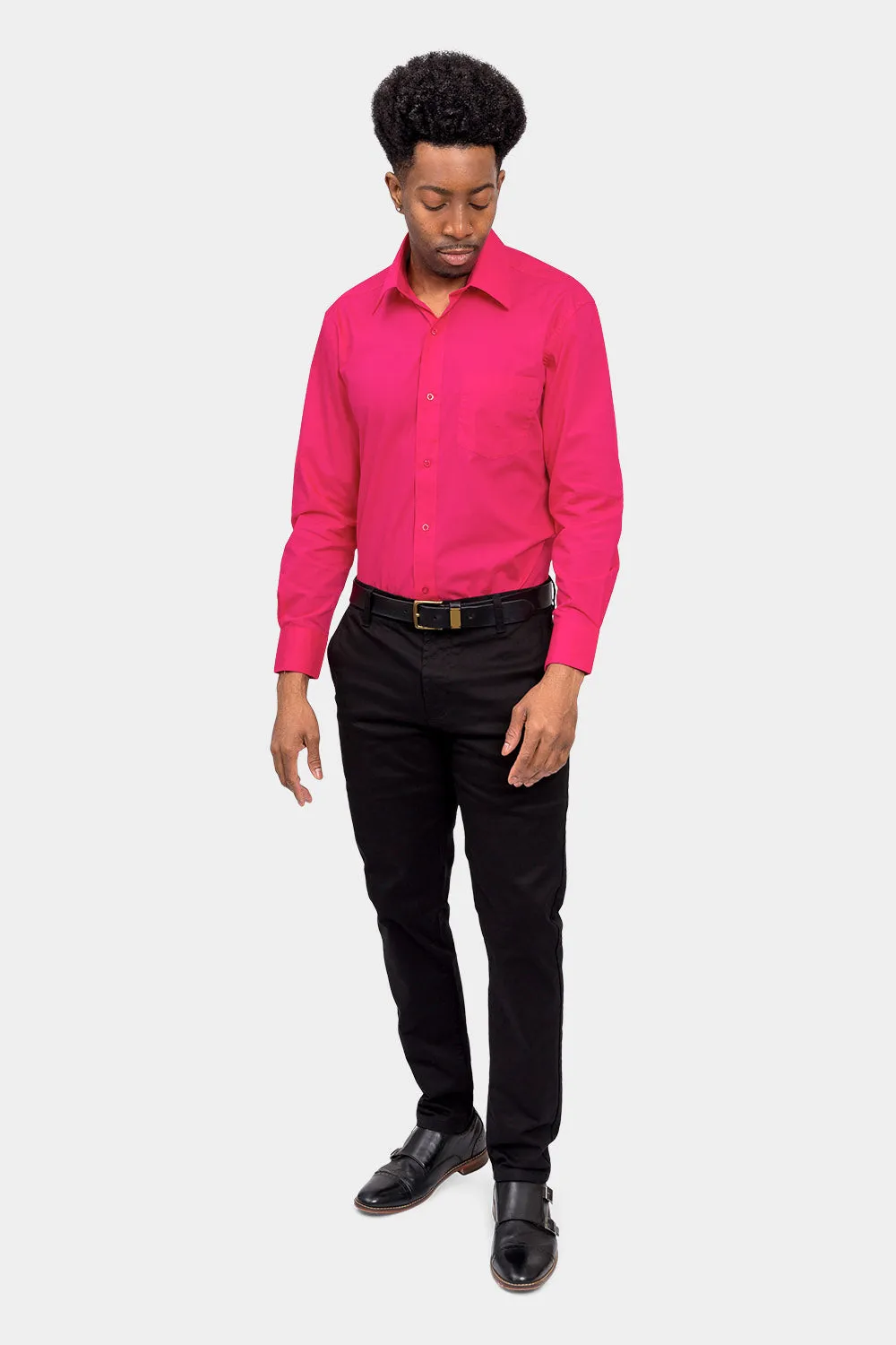 Men's Basic Solid Color Button Up Dress Shirt (Fuchsia)