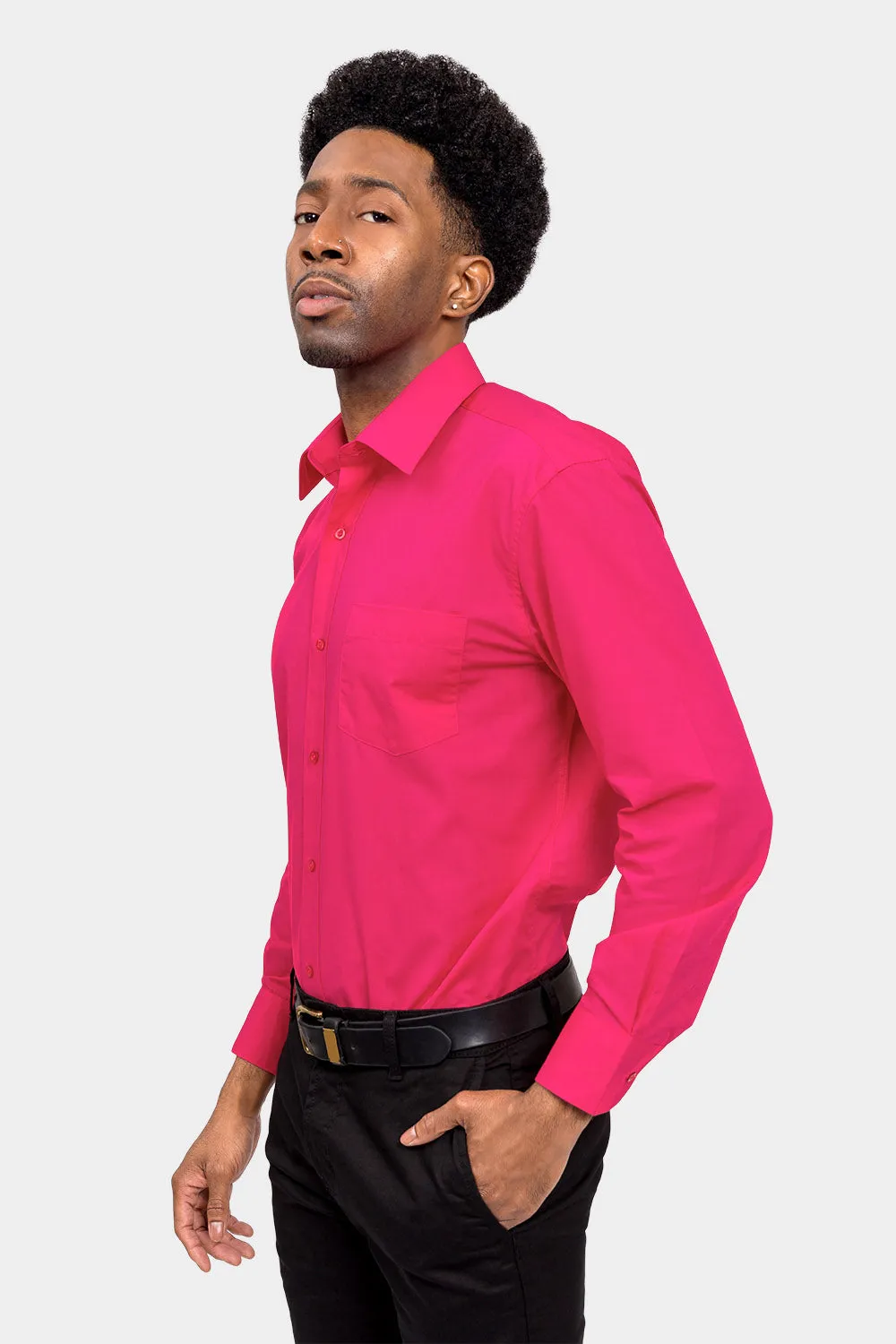 Men's Basic Solid Color Button Up Dress Shirt (Fuchsia)