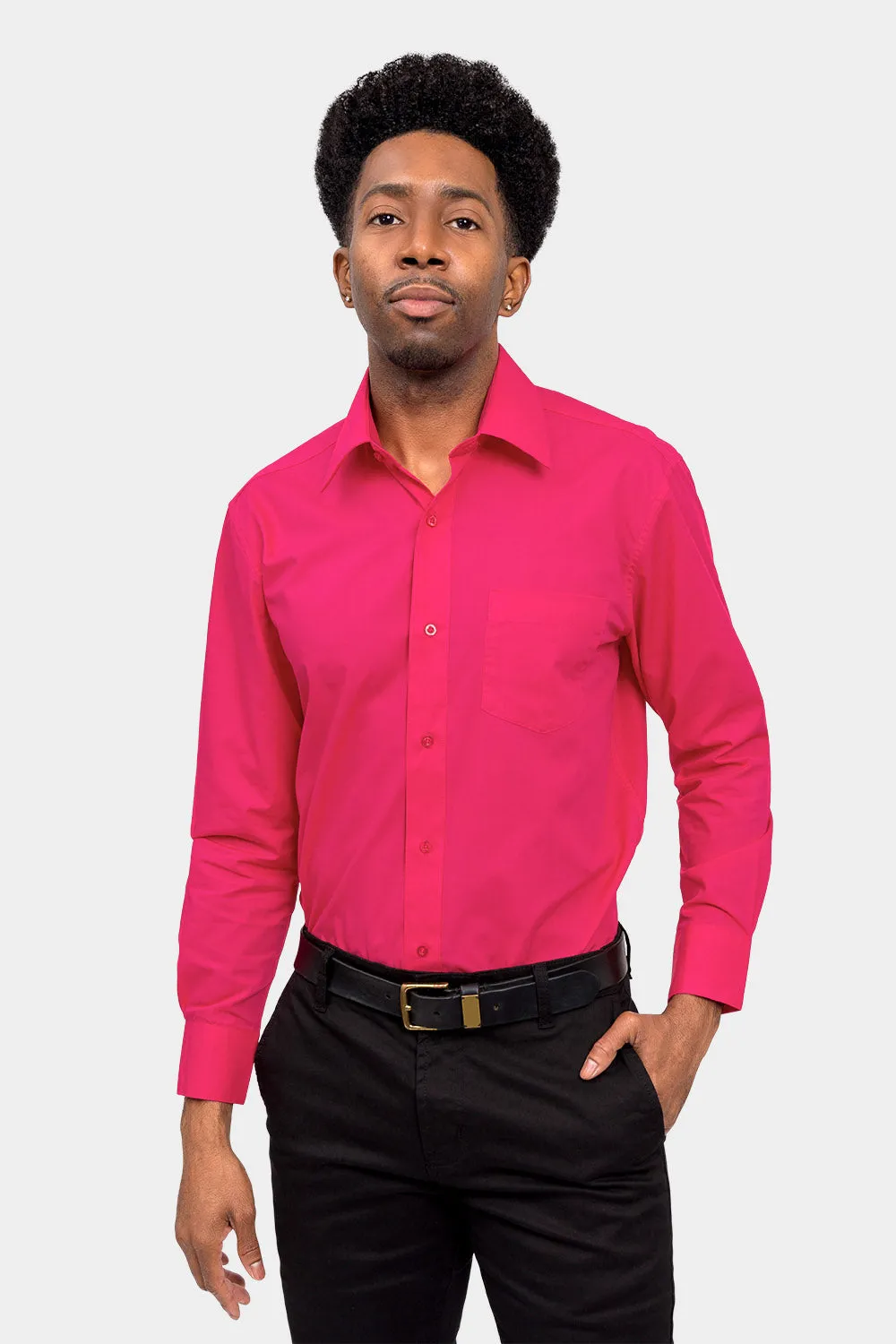 Men's Basic Solid Color Button Up Dress Shirt (Fuchsia)