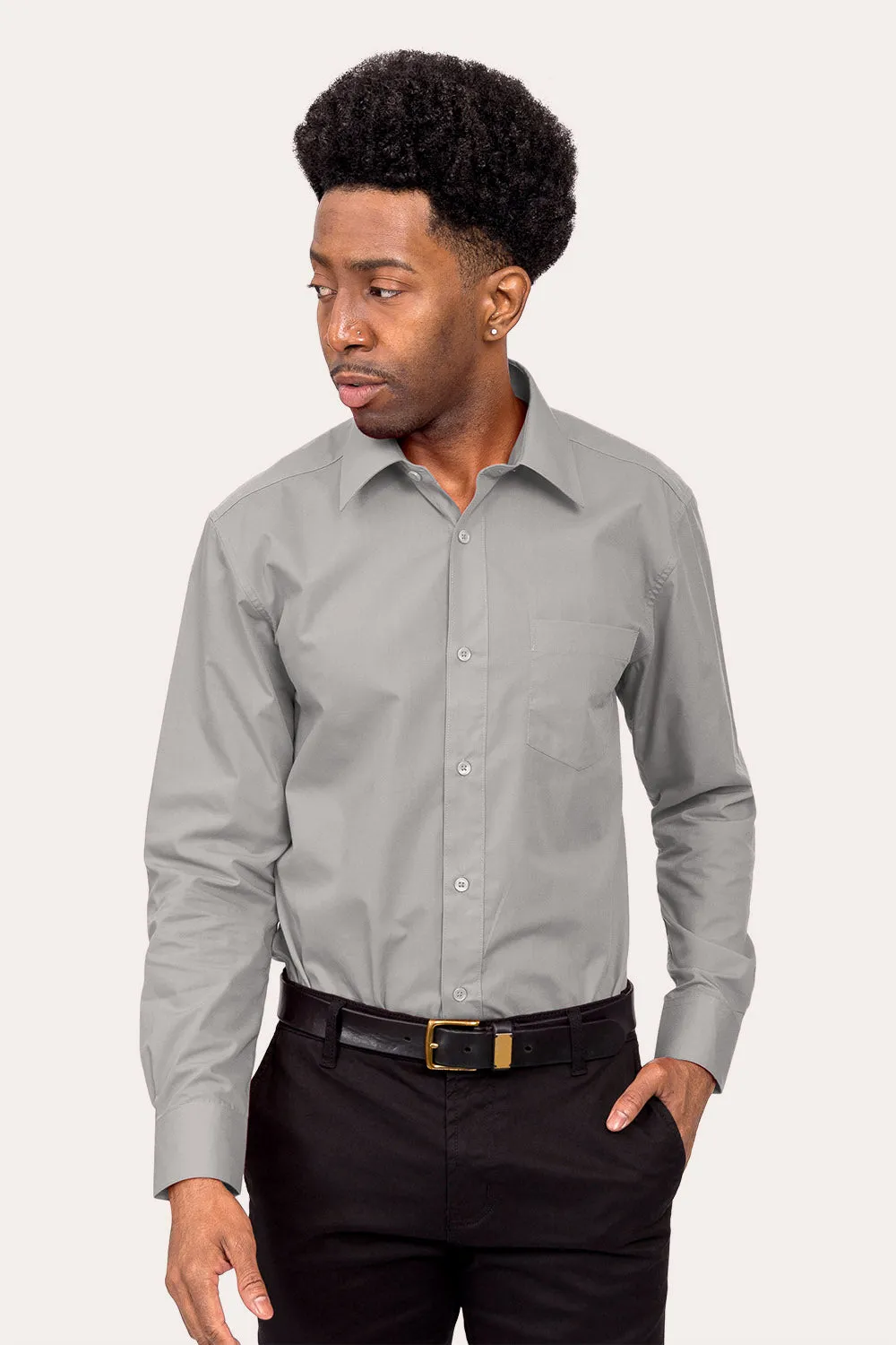 Men's Basic Solid Color Button Up Dress Shirt (Grey)