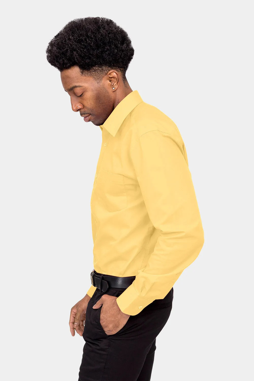 Men's Basic Solid Color Button Up Dress Shirt (Lemon)