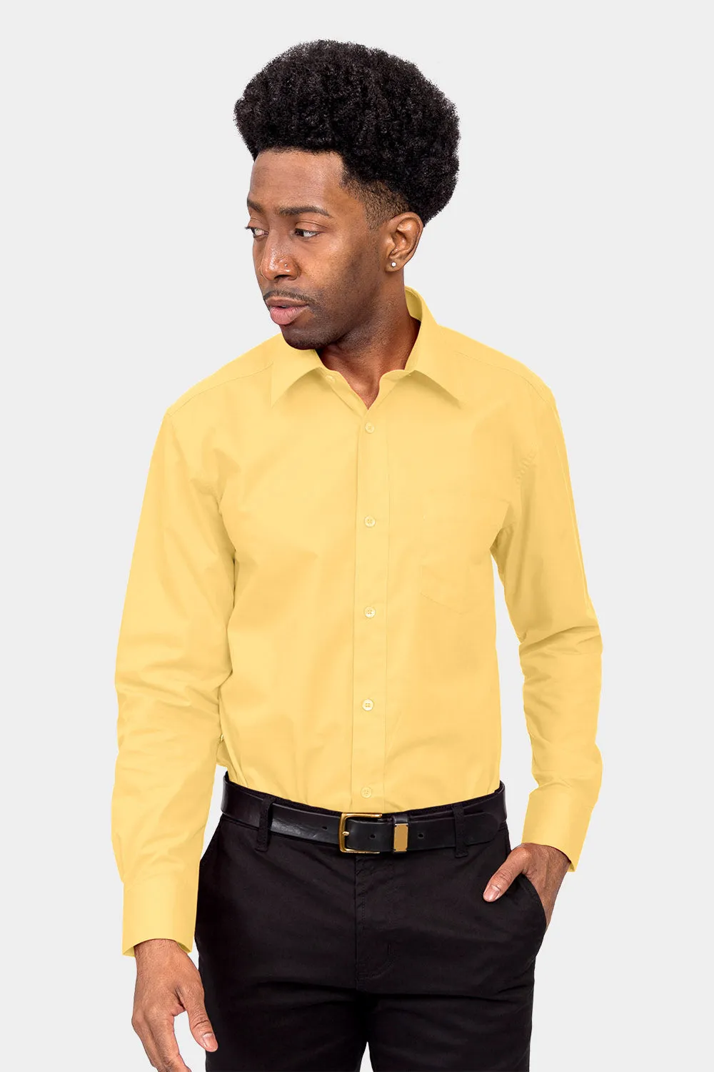 Men's Basic Solid Color Button Up Dress Shirt (Lemon)